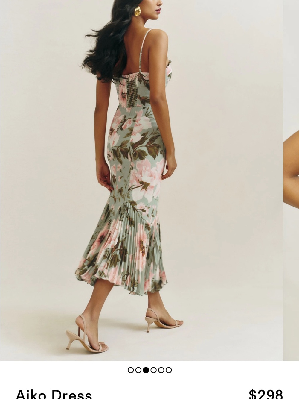 Reformation Aiko Midi Dress in Sage Green with Pink Floral - Picture 2 of 4